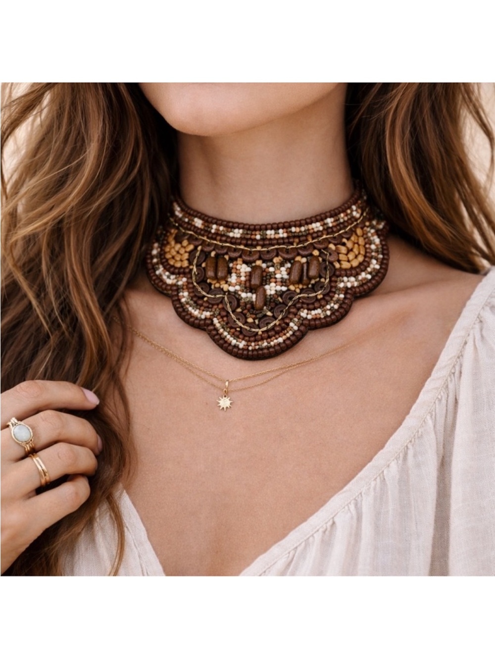 Boho Tribal Beaded Choker Necklace Brown Earth Tones Handmade Vintage